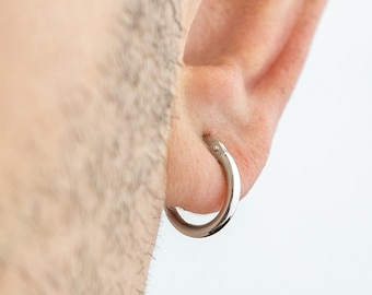 Men&#39;s Solid Gold Hoop Earrings , 14K White Gold Huggie Earrings, Sleeper Earrings, Dainty Hoops 14mm,Anniversary Gift, Men Jewelry