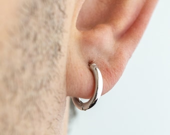 Men&#39;s Solid Gold Hoop Earring , 14K White Gold Small Huggie Earrings, Sleeper Earrings, Dainty Hoops 15mm,Anniversary Gift, Men Jewelry