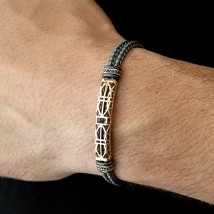 Men&#39;s Solid Gold Grey Rope Bracelet, 14k Yellow Gold Bracelet for Men, Men Jewelry, Anniversary Gift, Gold Valentine&#39;s Day Gift for Him