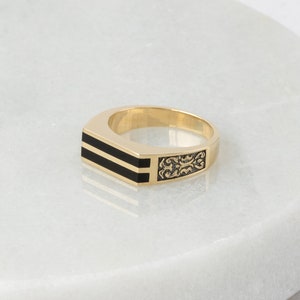 Black Onyx Ring 14K Solid Gold for Men, Real Yellow Gold Onyx Ring, Men&#39;s Ring Flat Top Striped, Luxury Unique Gold Ring, Fine Onyx Jewelry