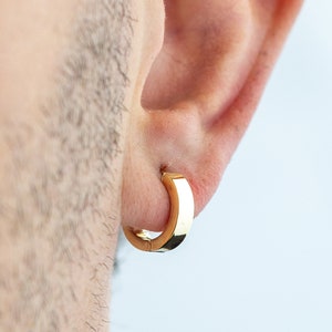 Men's 14k Solid Gold Hoop Earring, Yellow Gold Huggie Earrings, Sleeper Earrings, 4.20mm Thick / 15mm , Anniversary Gift, Men Jewelry image 1