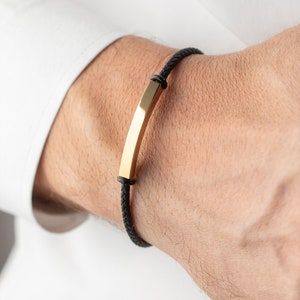 Personalized 14K Solid Gold Men Bracelet, 14k Gold Nameplate Bracelet, Engraved Gold Bar Man Bracelet, Black Rope Bracelet, Gift for Him