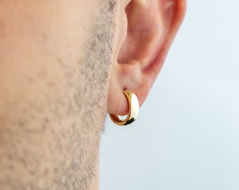 14k Solid Gold Hoop Earrings for Men, Yellow Gold Huggie Earrings, Sleeper Earrings, 5mm Thick / 16mm , Anniversary Gift, Men Jewelry