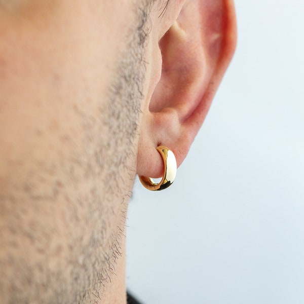 Pendientes de aro de oro macizo de 14k para hombre, pendientes Huggie de oro amarillo, pendientes para dormir, 5 mm de espesor / 16 mm, regalo de aniversario, joyería para hombres