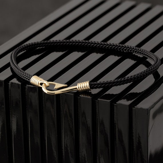 Fish Hook Bracelet for Men, 14K Solid Gold Nautical Men Bracelet, Black  String Fisher's Bracelet, Marine Bracelet for Men 