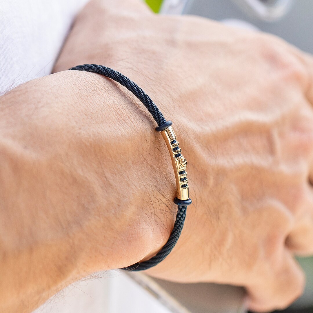 Pulsera De Oro Negro/azul Oscuro Para Hombre, Pulsera De Oro Macizo De 14 Quilates Para Hombre, Pulsera De Oro Auténtico Para Hombre (18-20 Cm), Brazalete De Acero Inoxidable Y Oro Para Hombre