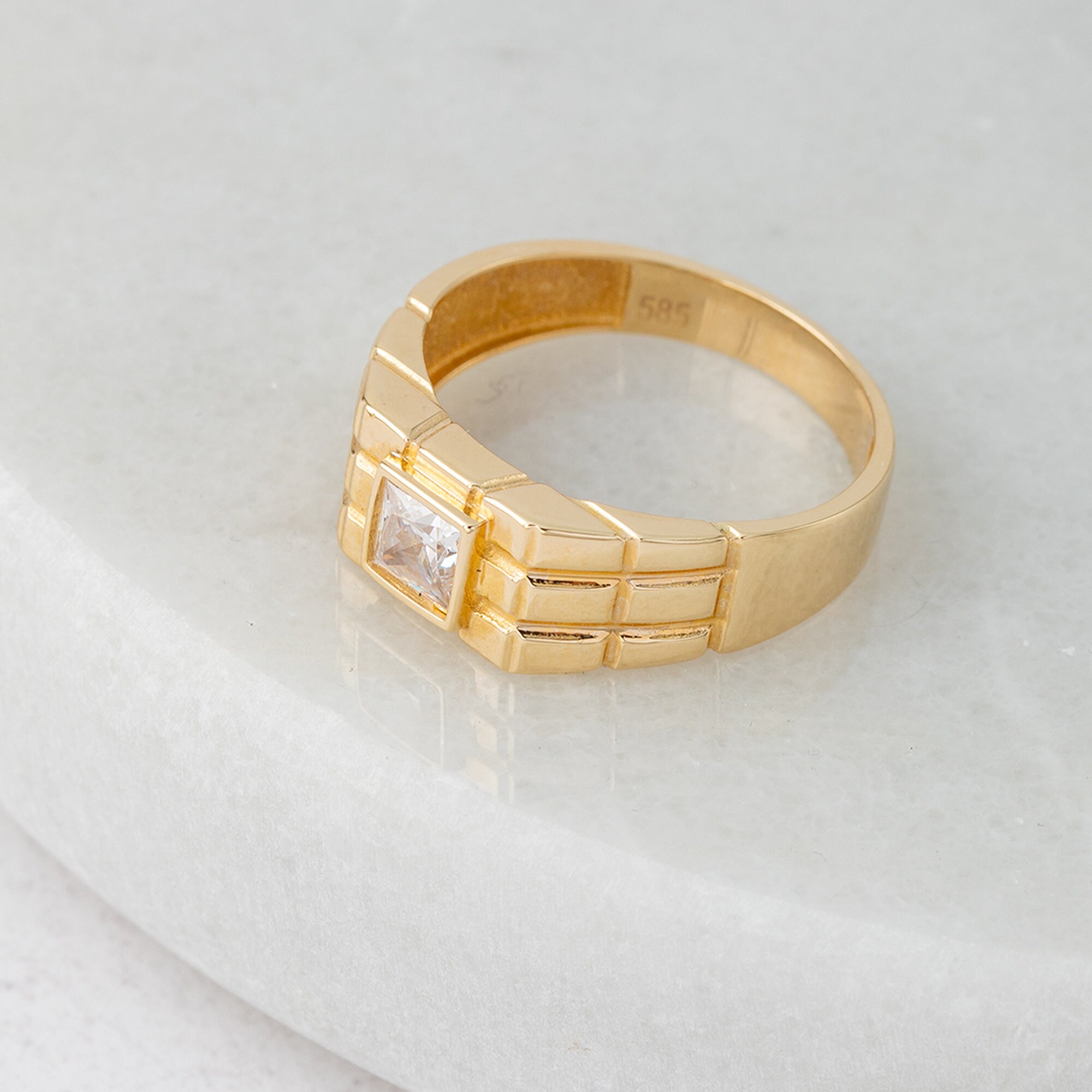 14K Solid Gold Men's Ring - Statement Jewelry / Man Flat Top Princess Cut Zirconia Gold Ring / Men Jewelry 14K Solid Gold Men's Ring - Statement Jewelry / Man Flat Top Princess Cut Zirconia Gold Ring / Men Jewelry