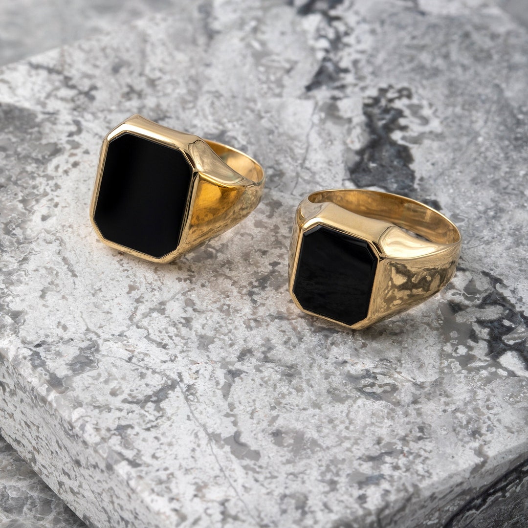 Punk Onyx Stone Signet Rings For Men, Stylish Waterproof Stainless Steel Black Stone Pinky Ring, New Rock Gifts For Him Jewelry - 36