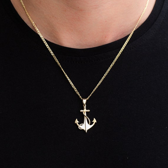 14K Solid Gold Anchor Pendant Necklace for Men Nautical Charm