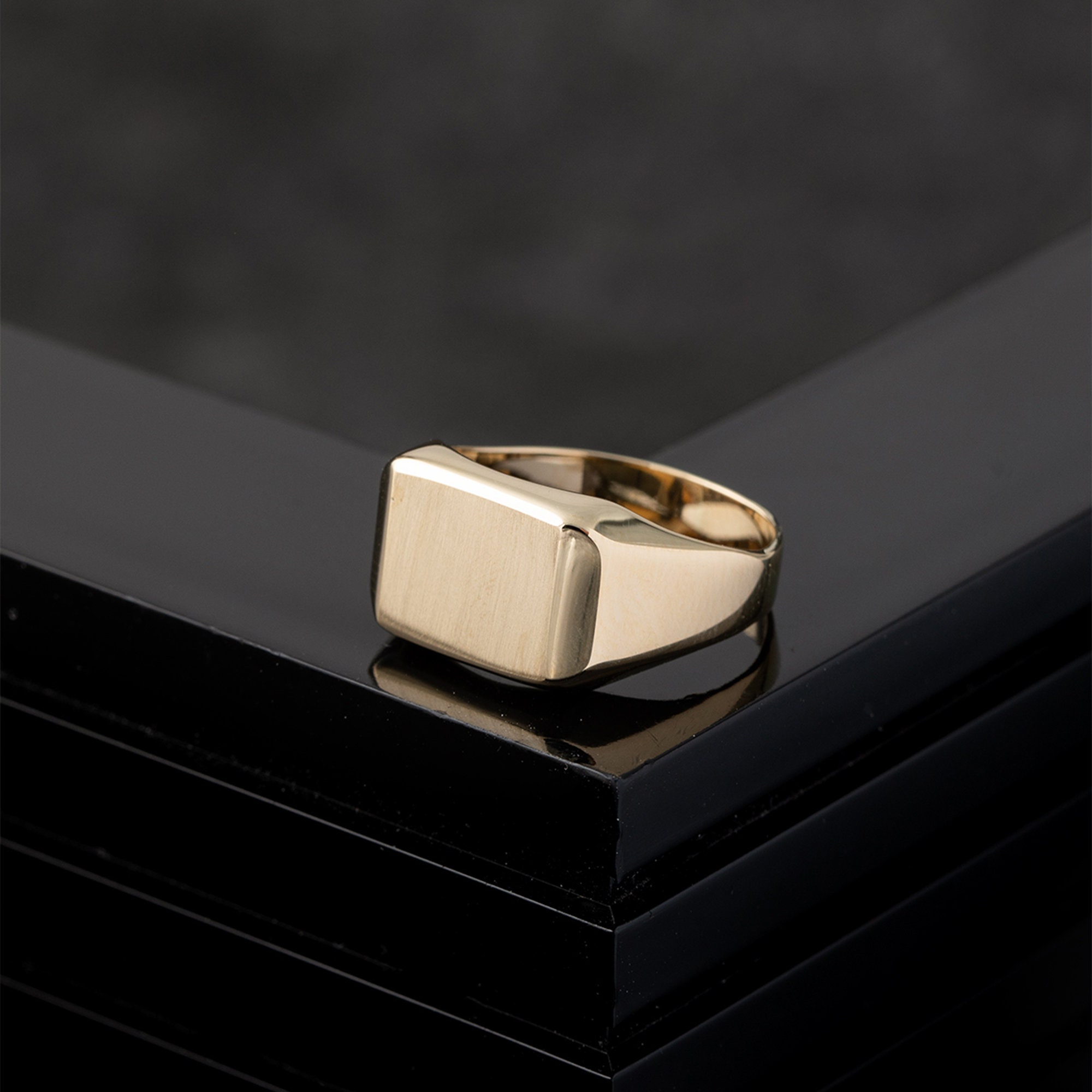 Men's 14k Real Gold Rectangle Signet Ring, Engraved Men's Jewelry