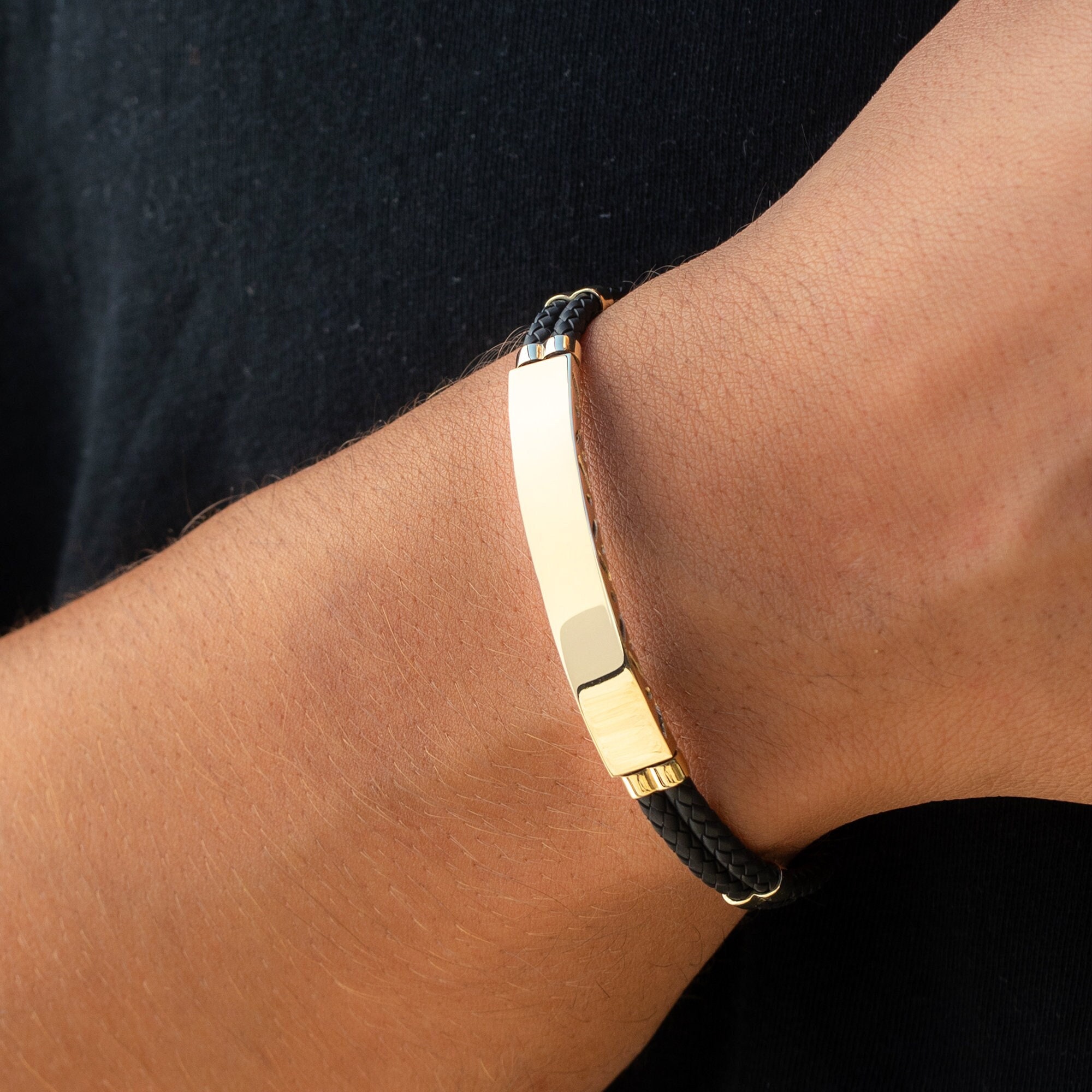 14K Solid Gold Engraved Name Men Bracelet, 14k Gold ID Bracelet, Personalized Bar Bracelet, Waterproof Custom Real Gold Men Bracelet