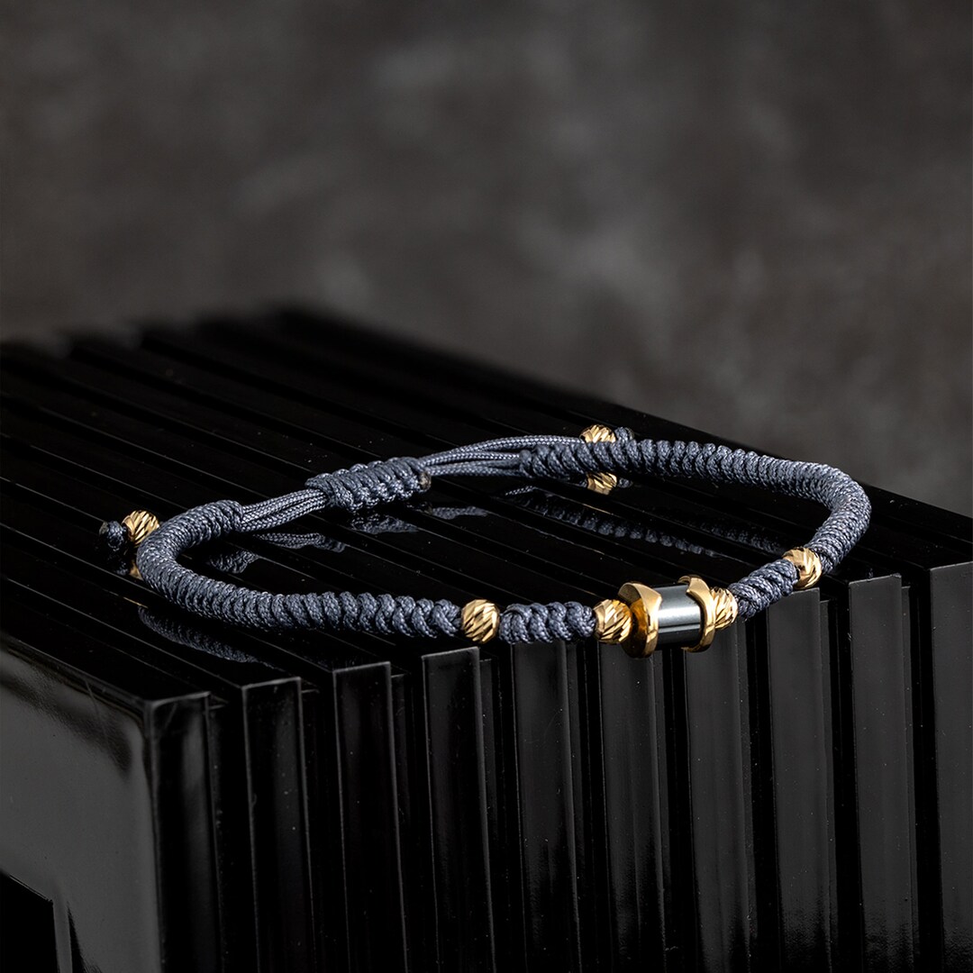 14K Solid Gold Men Bracelet, Grey Rope Man Bracelet, Grey Rope Gold Bracelet, Anniversary Gift