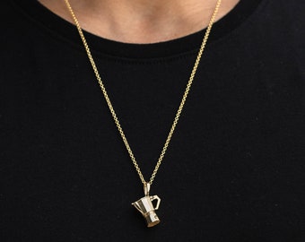 14K Real Solid Gold Moka Pot Espresso Pendant Necklace Coffee Pot Necklace with Rolo Chain 18 26 Bartender Necklace Men Jewelry