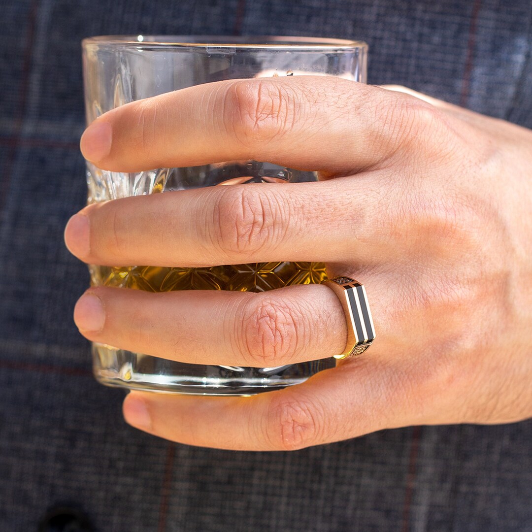 Mens Gold Black Onyx Ring, 14K Yellow Gold Statement Ring, Solid Gold