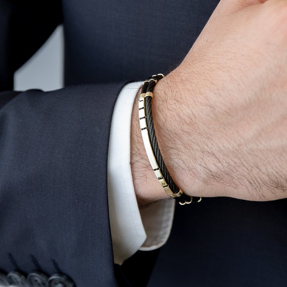 HOBBIESAY Bracciale Uomo/Donna In Ottone Dorato - Aperto Scanalato 9mm, Con Sacchetto Di Velluto Nero