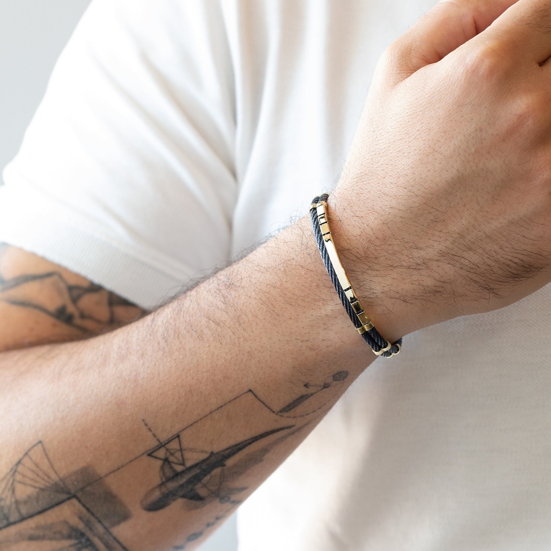 Navy Blue Gold Men Bracelet, 14k Solid Gold Dark Blue Men Cuff Bracelet