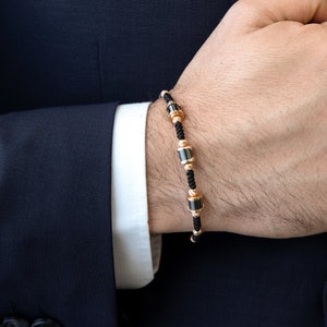 Men&#39;s 14K Solid Gold Rope Bracelet, 14k Real Gold Man Bracelet & Black Rope, Everyday Wear, Gift for Him, Man Jewelry, Adjustable Size