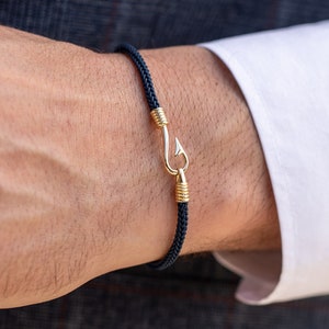 Fish Hook Bracelet for Men, 14K Solid Gold Nautical Men Bracelet, Blue String Fisher's Bracelet, Marine Bracelet for Men