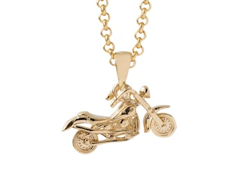 14k Gold Motorcycle Necklace, Detailed 14k Solid Gold Motorcycle Gift, Biker Necklace for Him, Vintage Motorcycle Pendant Charm