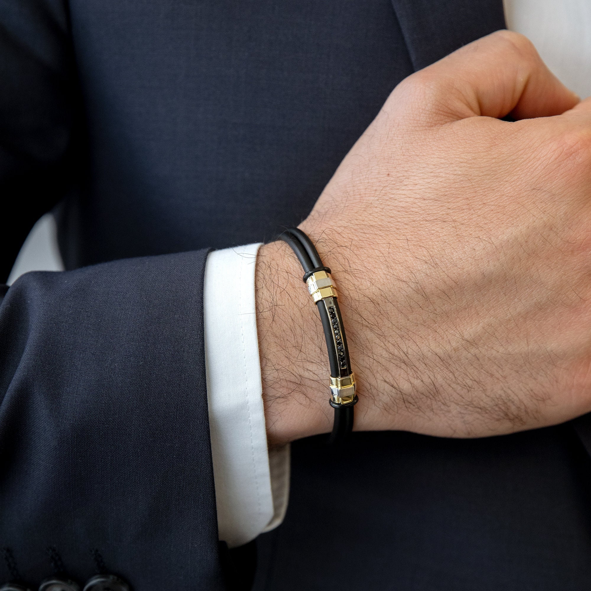 Buy Men s Black Rubber Cord Gold Bracelet Real 14K Yellow Gold