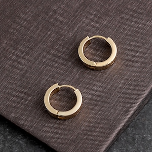 Men's 14k Solid Gold Hoop Earring, Yellow Gold Huggie Earrings, Sleeper Earrings, 4.20mm Thick / 15mm , Anniversary Gift, Men Jewelry image 3