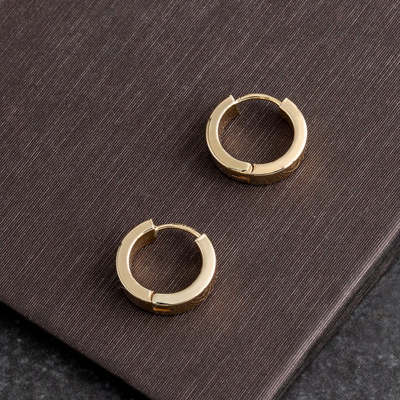 Men's 14k Solid Gold Hoop Earring, Yellow Gold Huggie Earrings, Sleeper Earrings, 4.20mm Thick / 15mm , Anniversary Gift, Men Jewelry image 3