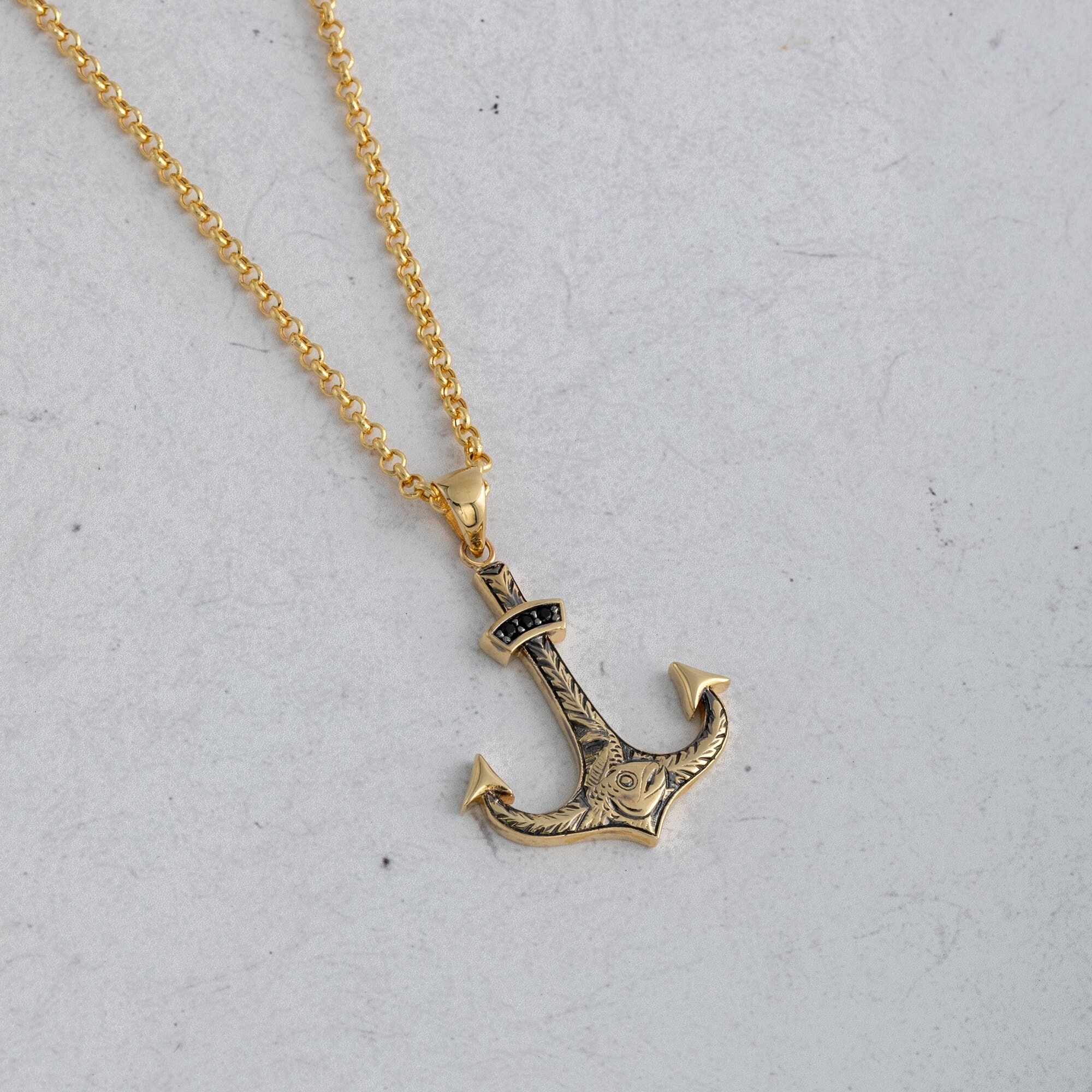 Anchor Men Gold Necklace 14K Solid Gold Nautical Pendant for Etsy