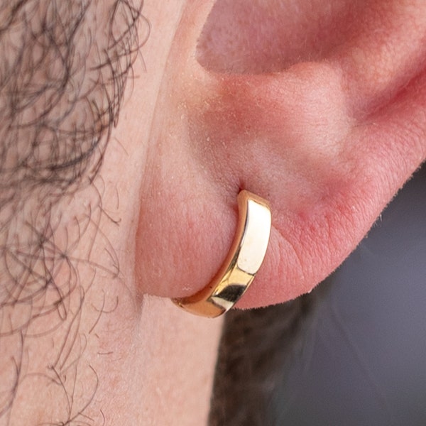 Pendientes Huggie diminutos de oro de 14 k para hombre, pendientes de aro de oro macizo amarillo, pendientes diarios para hombre, 3 mm de espesor / 13 mm, regalo de aniversario