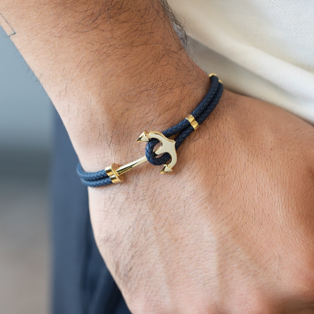 Men's Solid Gold Anchor Bracelet, Black/blue Rope Men Bracelet , Men ...