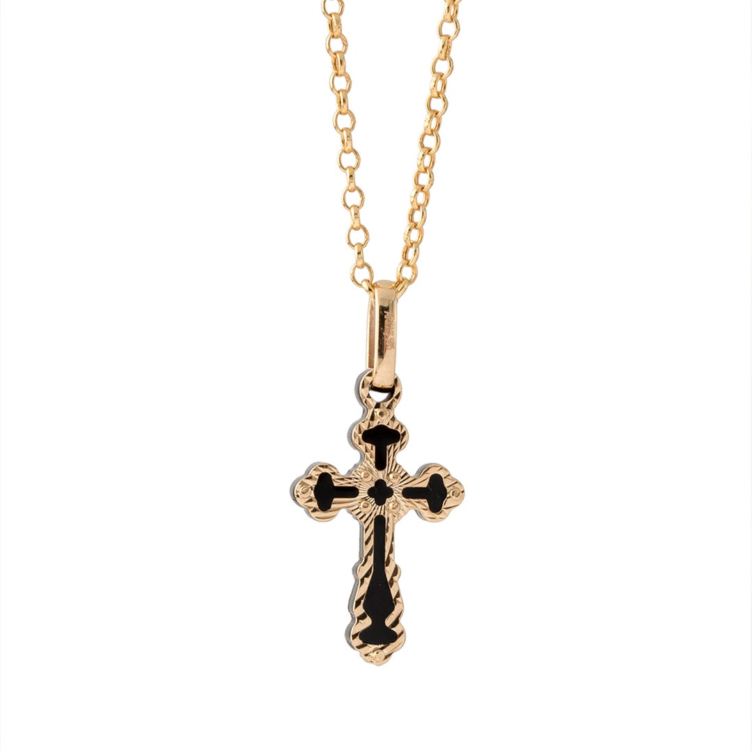 Men's 14K Solid Gold& Black Onyx Cross Pendant Necklace