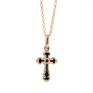 Men&#39;s 14K Solid Gold& Black Onyx Cross Pendant Necklace, Real Gold Christian Necklace, Men Jewelry, Double Sided( White-Yellow)