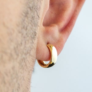 14k Solid Gold Hoop Earrings for Men, Yellow Gold Huggie Earrings, Sleeper Earrings, 5mm Thick / 16mm , Anniversary Gift, Men Jewelry image 2