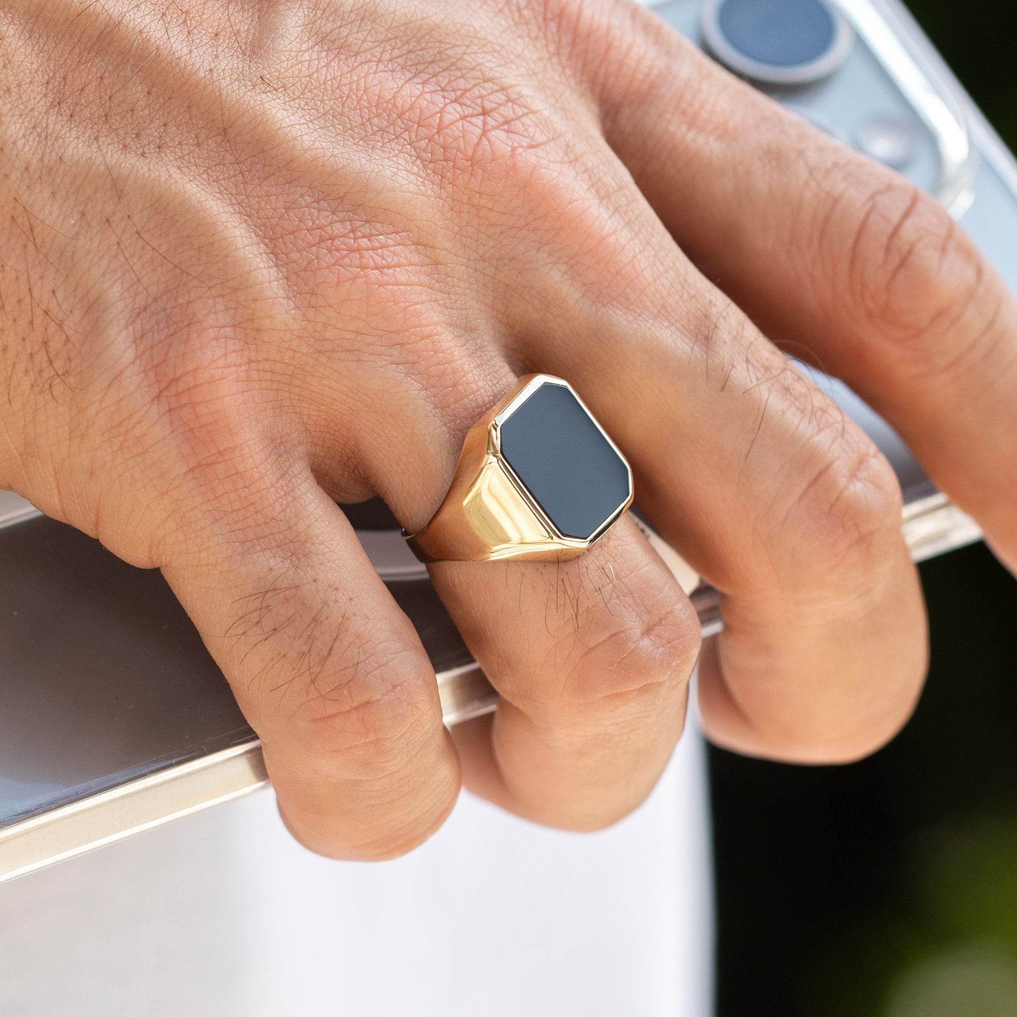 14K Solid Gold Rectangle Signet Ring With Onyx / Gold Ring for Men