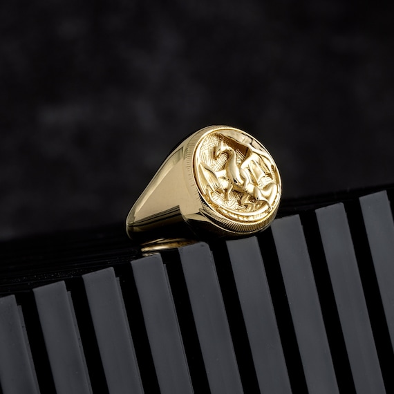 14k Solid Gold Dragon Ring for Men 14K Gold Winged Dragon Ring