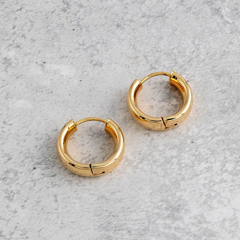 14k Solid Gold Hoop Earrings for Men, Yellow Gold Huggie Earrings, Sleeper Earrings, 5mm Thick / 16mm , Anniversary Gift, Men Jewelry image 6