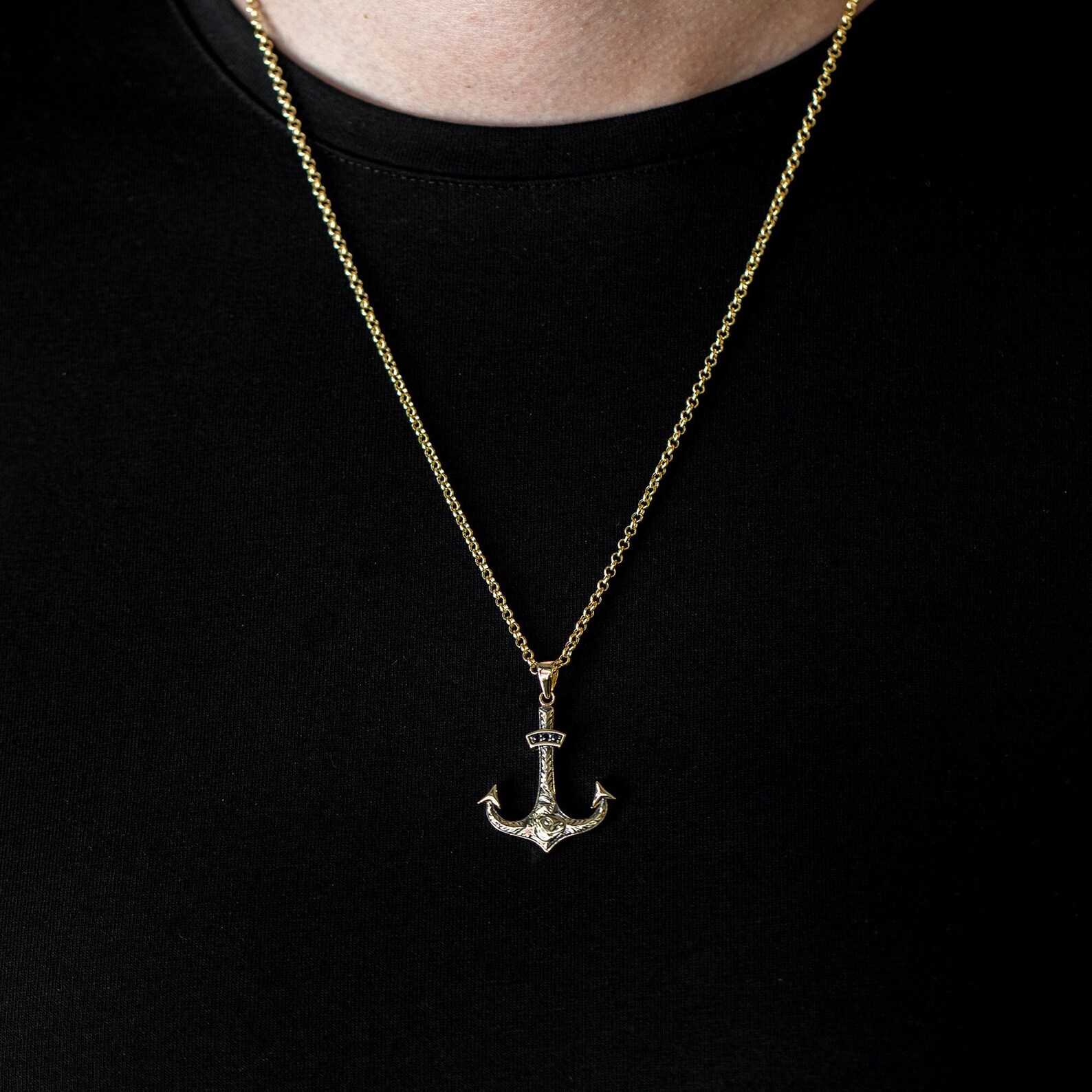 Anchor Men Gold Necklace 14K Solid Gold Nautical Pendant for Etsy