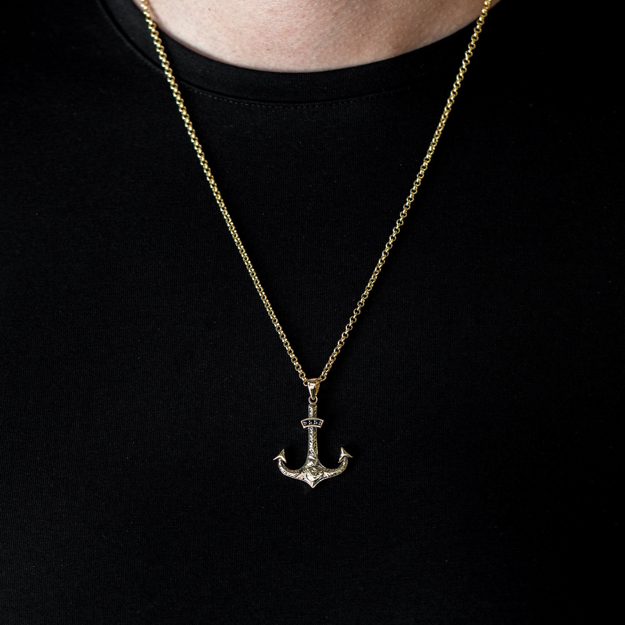 Anchor Men Gold Necklace 14K Solid Gold Nautical Pendant for - Etsy