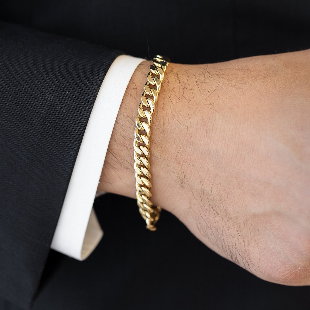 14K Yellow Gold Miami Cuban Link Chain Bracelet Men, 7mm Thick
