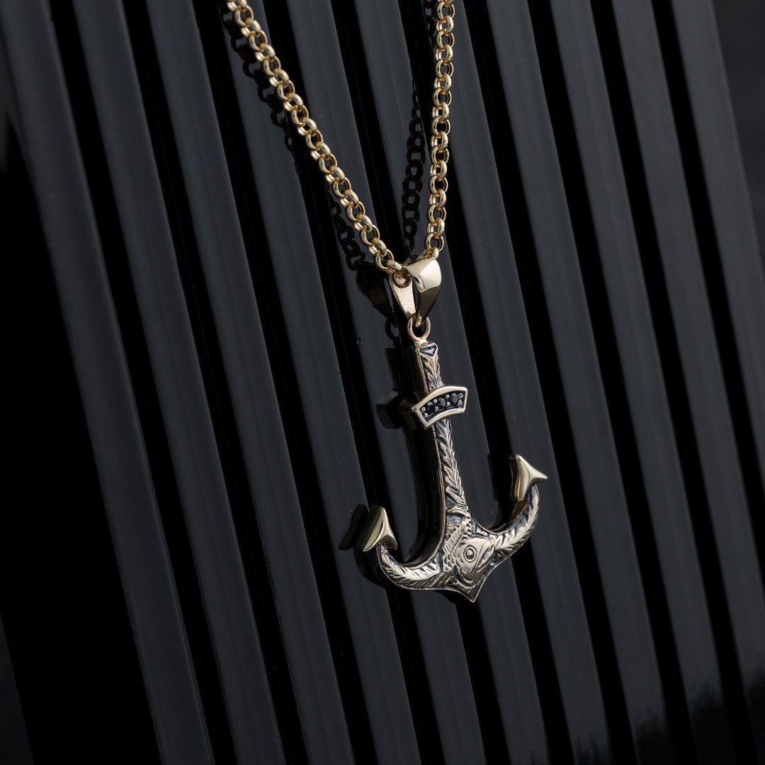 Anchor Men Gold Necklace 14K Solid Gold Nautical Pendant for Etsy