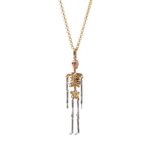 Men&#39;s 14K Real Gold Skeleton Pendant/ 14K Solid Gold Anatomy Necklace with 2mm Rolo Chain 18&quot;-26&quot;, Men Jewelry, 14k Gold Halloween Necklace