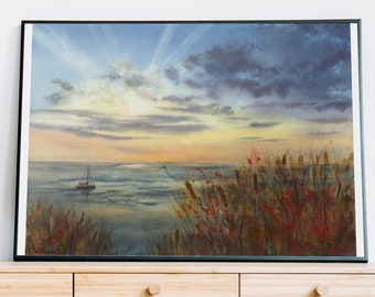 Boat on water at sunset/Tropical sunset/Romantic painting/Sea and clouds/Thailand sunset/Indian ocean view/Nautical decor/Coastal home decor