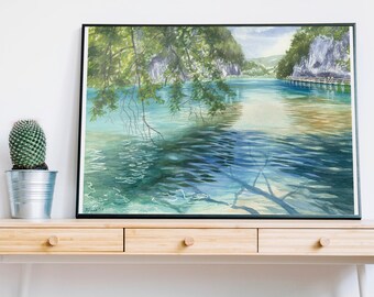 Lake watercolor Nature painting Original artwork Turquoise lake waterscape Croatia lake Plitvice lake Water reflections Unique aquarelle art