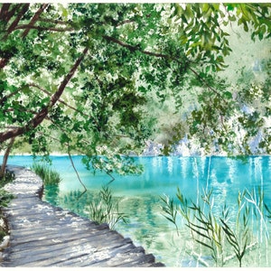 Una passeggiata ai laghi di Plitvice, Acquerello originale, Opera d'arte unica, Paesaggio estivo, Lago turchese, Croazia