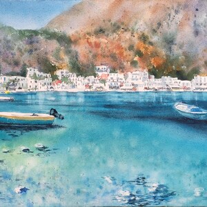 Acque azzurre e limpide, paesaggio greco, paesaggio marino mediterraneo, opera d'arte originale, dipinto ad acquerello originale, regalo nautico per inaugurazione della casa