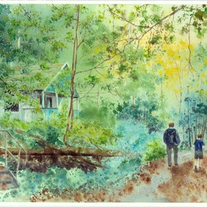 Acquerello naturale, Decorazione per la casa ecologica, Alberi e casa, Atmosfera da fiaba, Acquerello originale, Opera d'arte unica, Paesaggio forestale