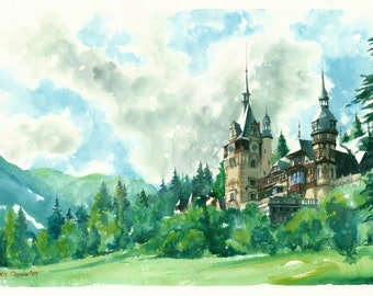 Fairytale Castle, Peles castle, Original watercolor painting, Unique artwork, Summer landscape, Architecture painting