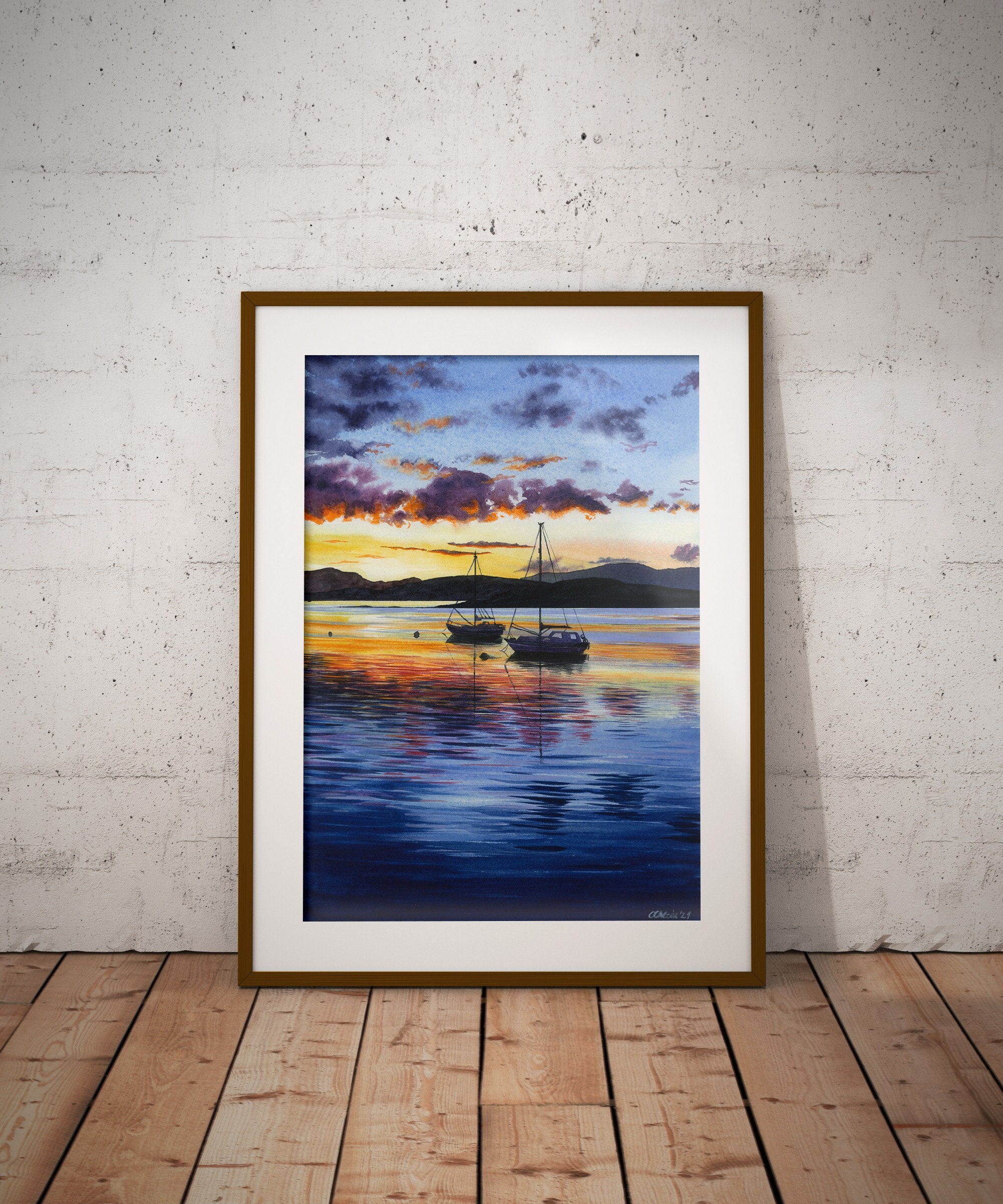Boats at sunset Boats on sea Serene artwork Nautical home decor Coastal home decor Calming watercolor Watercolor painting Original painting