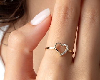 14k Solid Gold Zircon Stone Heart Ring, Engagament Band, Love Ring, Elegant Heart Ring, Minimalist Heart Ring, Wedding Gifts for Her