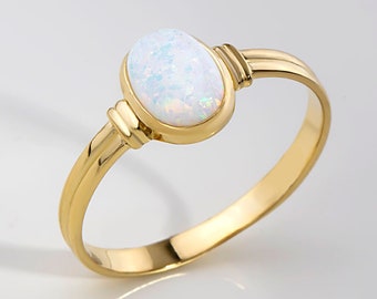 14k Solid Gold White Opal Ring, Oval Opal Ring, Promise Ring, Engagament Ring, Birthstone Ring, Handmade Gold Opal Ring, Christmas Gifts