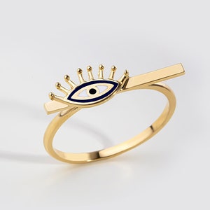 14k Solid Gold Evil Eye Ring, Turquos Eye Ring, Protection Ring, Good Luck Ring, Dainty Minimalist Eye Ring, Boho Jewelry Gift For Her